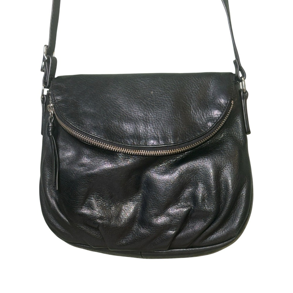 Margot Fold Over Black Soft Pebbled Leather Crossbody Purse Bag 2 Compartments
